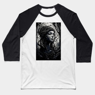 and white image depicts a woman with a tree sprouting blackfrom her head Baseball T-Shirt